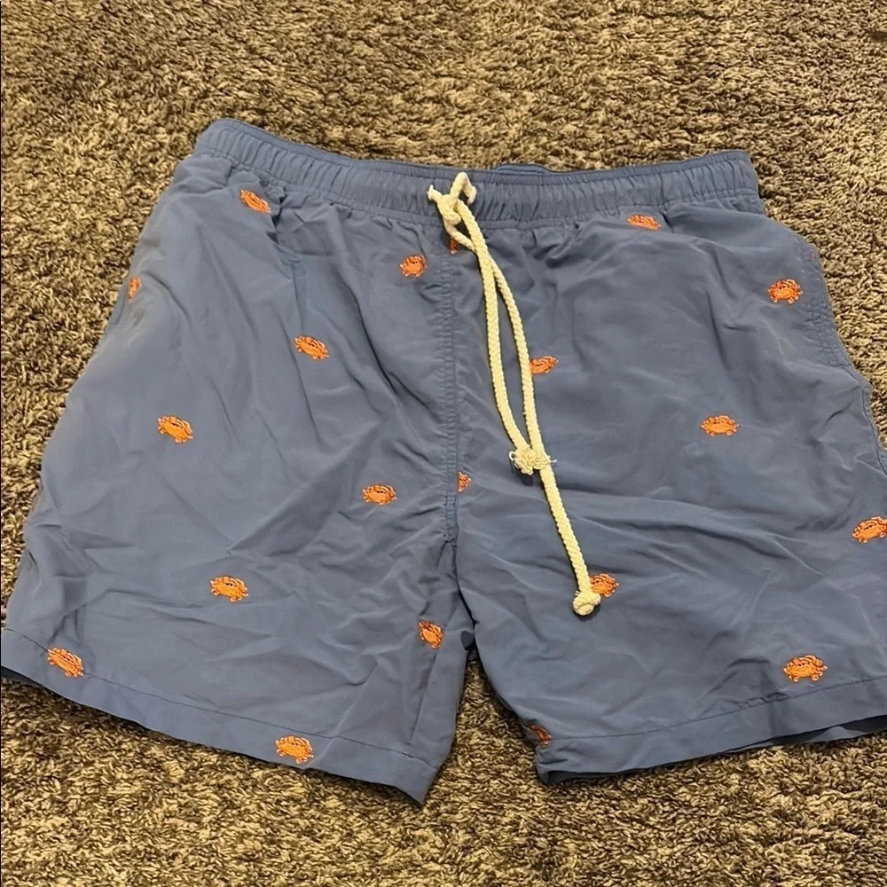 J. McLaughlin Men's Blue Swim Shorts with Orange Accents - large